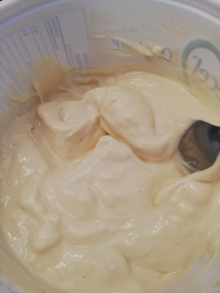 Photo d'une cuillère dans un contenant de yogourt de soya maison de type grec.