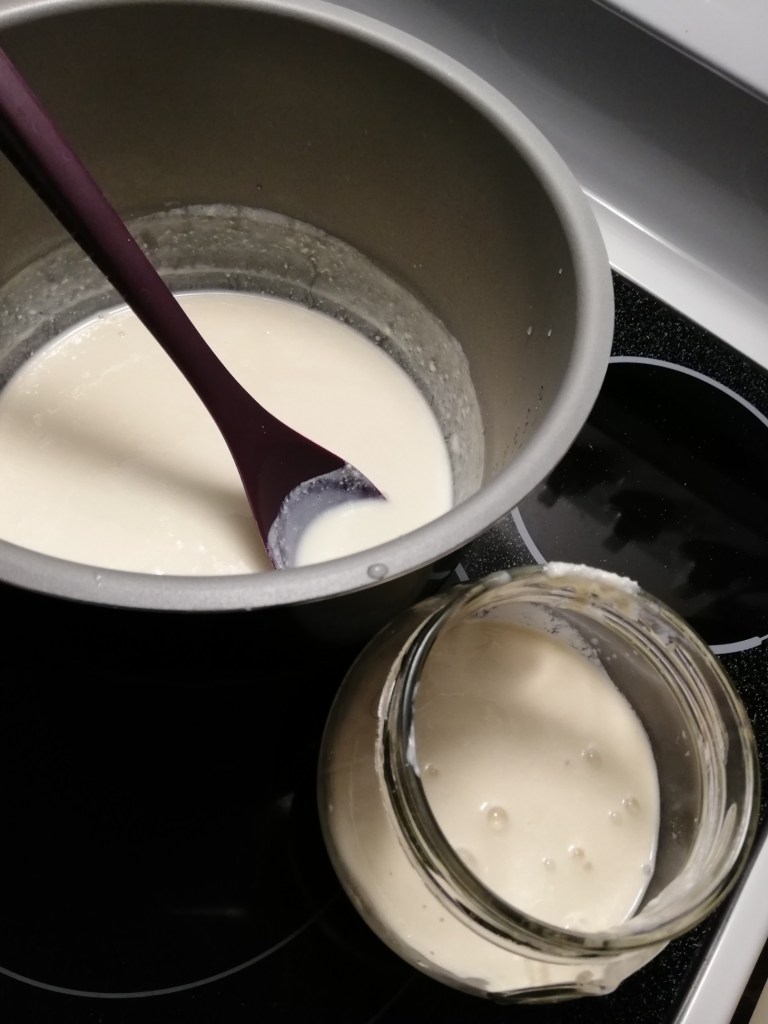 Photo du contenant d'un autocuiseur avec une cuillère de service. Il y a un deuxième contenant en verre. Les deux contiennent du yogourt de soya maison. 